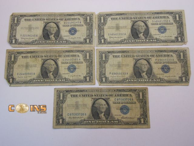 Lot 36-487792 - Lot of Five Blue Seal $1 Silver Certificates.