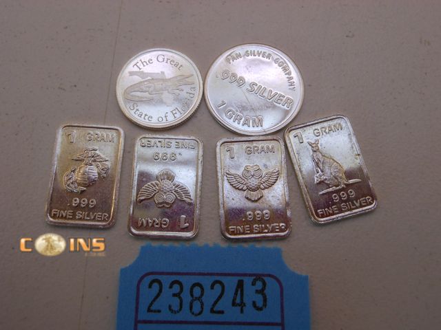 Lot 36-238243 - Lot of Six .999 Fine Silver One Gram Bars and Rounds.