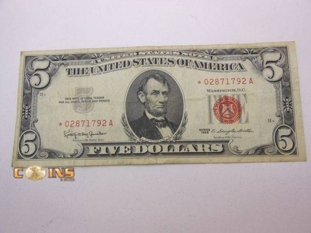 Lot 36-486607 - 1963 Red Seal STAR $5 United States Note.