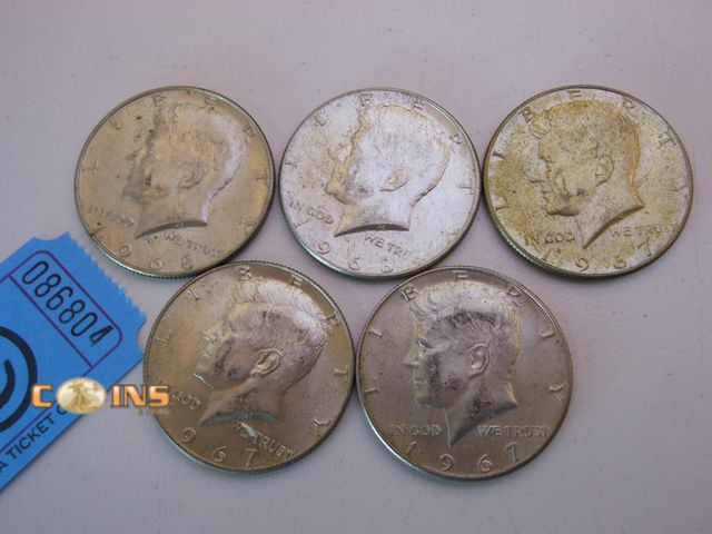 Lot 36-086804 - Lot of Five Silver Kennedy Half Dollars.