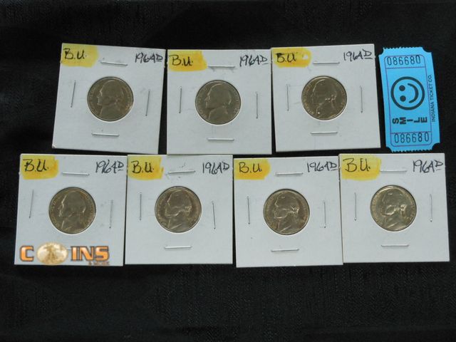 Lot 36-086680 - Lot of Seven UNC/BU 1964-D Jefferson Nickels, Carded.