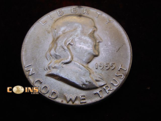 Lot 36-486493 - BETTER 1955 Silver Franklin Half Dollar. Bell Lines Visible.