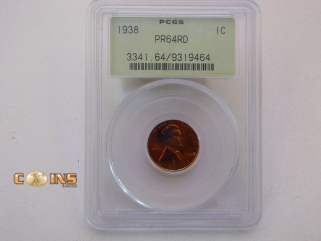 Lot 36-238249 - 1938 PROOF LINCOLN CENT - PCGS PR-64 RD, OLD GREEN HOLDER.