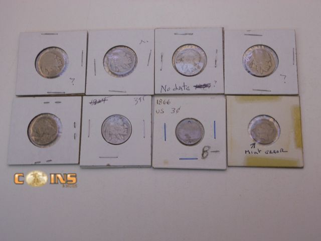 Lot 36-489138 - 1865 and 1866 US Three Cent Pieces With Six Buffalo Nickels, Carded.