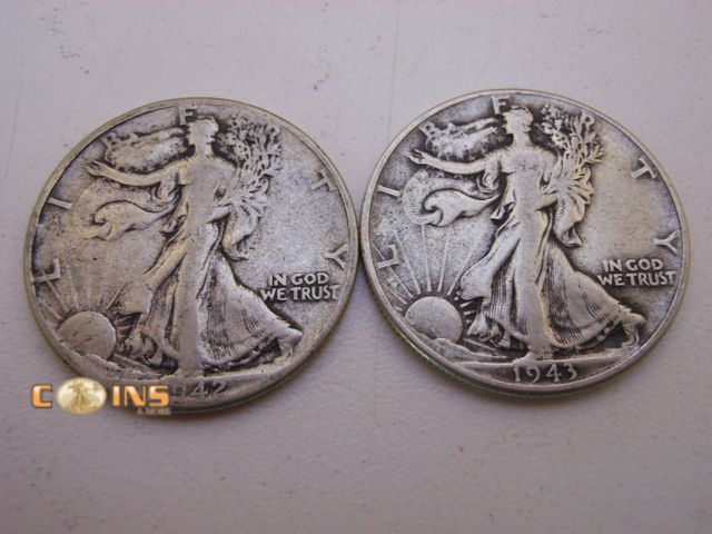 Lot 36-487821 - 1943 and 1942 Silver Walking Liberty Half Dollars.