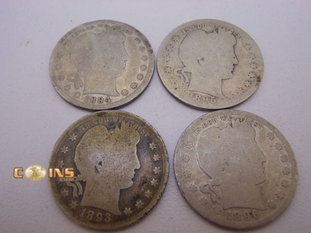 Lot 36-487721 - Lot of Four Silver Barber Quarters, See Both Pictures For Dates and Mint Marks.