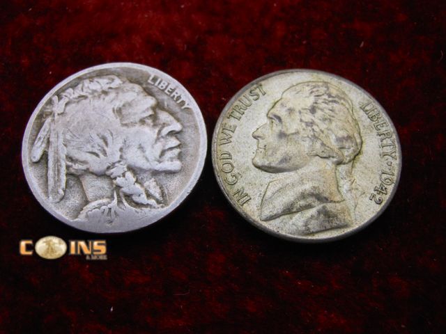 Lot 36-486265 - 1927-S Buffalo Nickel and 1942-s Silver War Nickel.
