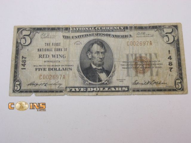 Lot 36-488325 - MUST SEE 4 Digit Serial Number 1929 Bank of Red Wing, Minnesota $5 National Currency Note.