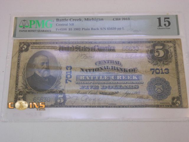 Lot 36-486582 - MUST SEE 1902 Battle Creek Michigan $5 PMG Graded 15 National Bank Note.