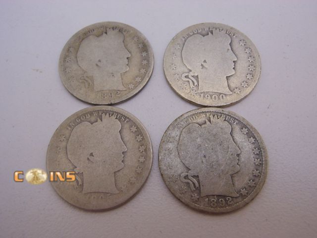 Lot 36-487720 - Lot of Four Silver Barber Quarters, See Both Pictures For Dates and Mint Marks.