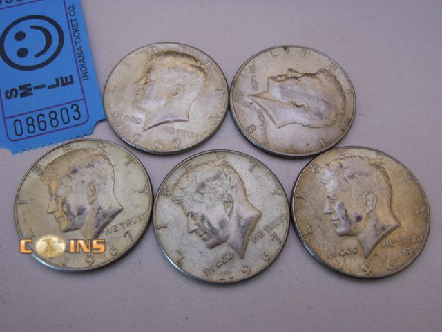 Lot 36-086803 - Lot of Five Silver Kennedy Half Dollars.