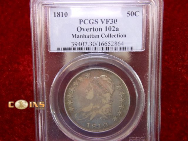 Lot 36-488267 - Better 1810 Capped Bust Silver Half Dollar PCGS Graded VF30, Overton 102a, Manhattan Collection.