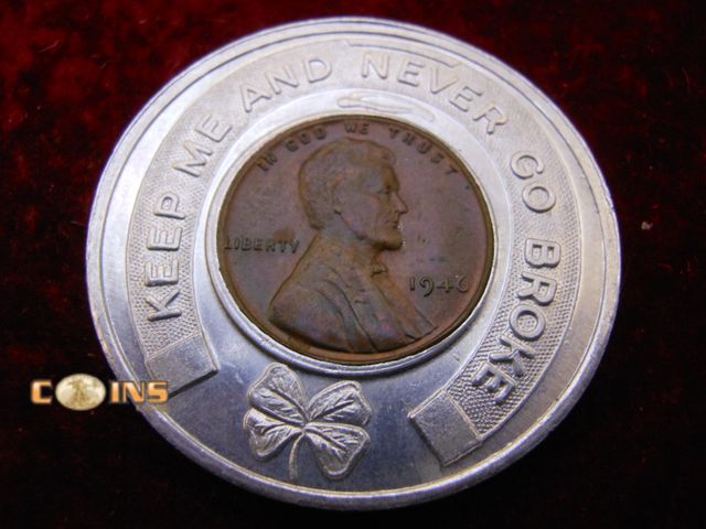 Lot 36-086798 - UNC 1946 Wheat Cent Encapsulated in "Keep Me and Never Go Broke" Round.