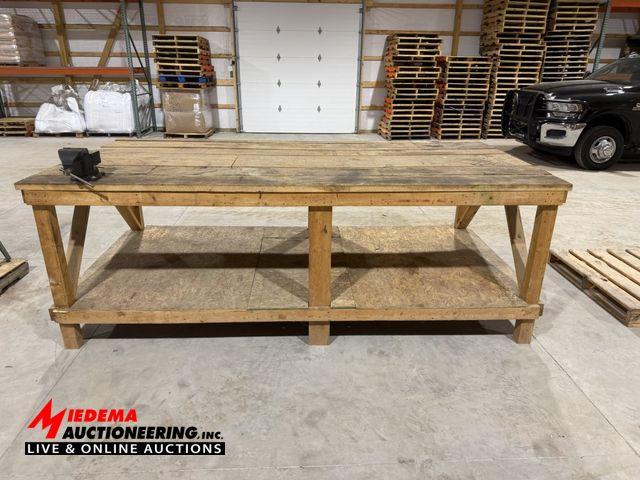 Lot 4-14 - Wooden Workbench with Vise: heavy duty 5" vise, bench measures 124" x 60" x 44" tall