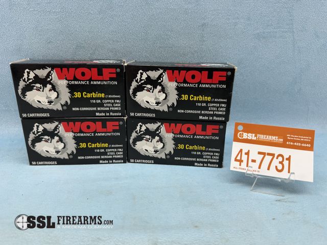 Lot 41-7731 - Lot of (200) Wolf Performance .30 Carbine (7.62x33mm) Ammunition, 110 Gr Copper FMJ Steel Case