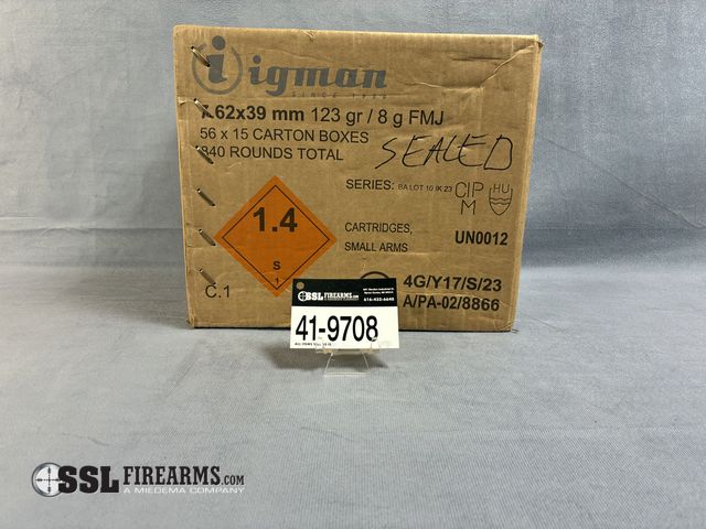 Lot 41-9708 - Unopened box of Igman, 7.62x39, Non-Mag, 123gr, FMJ, with approximately (840) rounds in total.