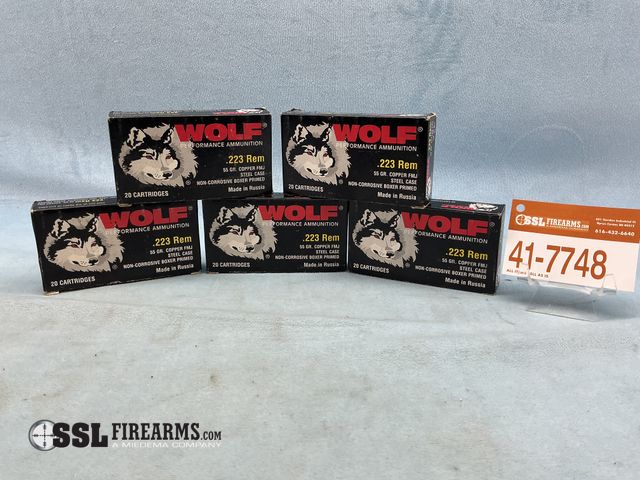 Lot 41-7748 - Lot of (100) Rounds of Wolf .223 Remi, 55 Grain, Copper FMJ, Steel Case, Rifle Ammunition.