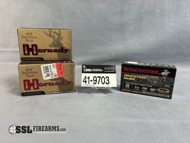 Lot 41-9703 - Mixed lot of (35) 12ga Shotgun ammunition. (30) rounds of Hornady ST Shotgun Slug, 12ga, 300gr. (5) ...