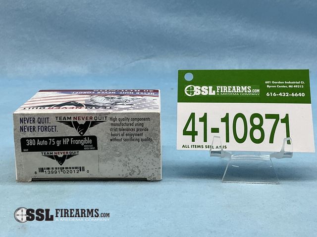 Lot 41-10871 - Lot of (20) RNDS Team Never Quit 75 GR HP Frangible .80 AUTO Ammunition