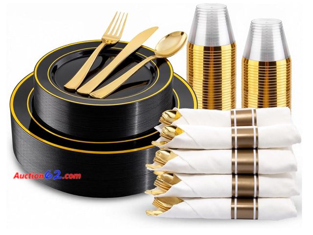 Lot 44-1843 - 250PCS Black and Gold Plates - Black Disposable Plates for Party - 50Guests Disposable Dinnerware Set for New Year/Wedding Appears New, A ba...