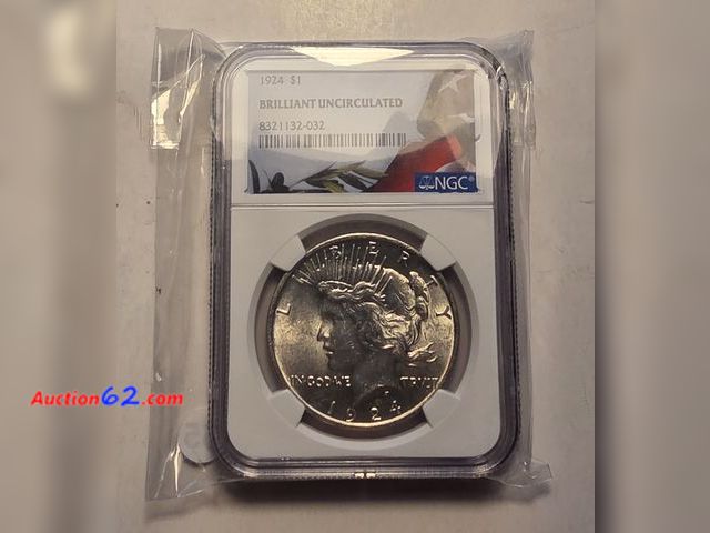 Lot 44-8327w - 1924 LIBERTY HEAD 90% SILVER PEACE DOLLAR GRADED BRILLIANT UNCIRCULATED BY NGC. MINTED IN PHILADELPHIA.-NT