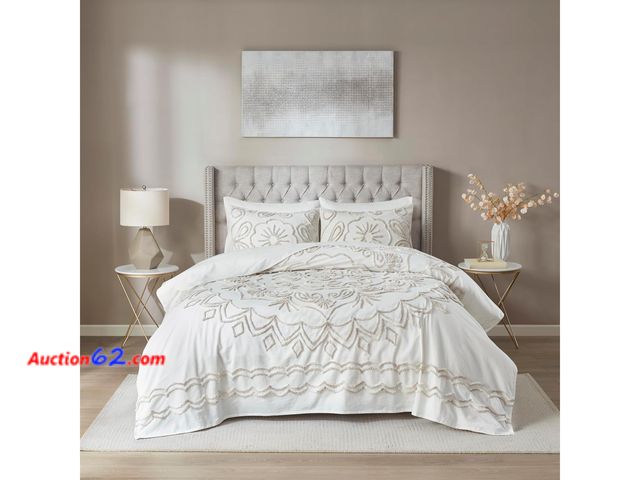 Lot 44-5535t - Madison Park Violette Chenille Cotton Tufted Comforter Large Medallion Design, All Season, Hypoallergenic, Soft Bedding Set, Matching Sham, ...