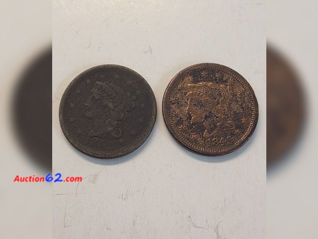 Lot 44-8301x - LOT OF TWO (2) LARGE CENTS -1845 &amp; 1852 BRAIDED HAIR LARGE CENTS. COMES IN A PROTECTIVE FLIP! - NT
