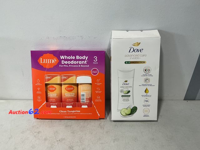 Lot 44-567j - Lume Whole Body Deodorant 3-Pack &amp; Dove Advanced Care Deodorant See All Photo's Not Tested E-Commerce Return, A basic inspection has bee...