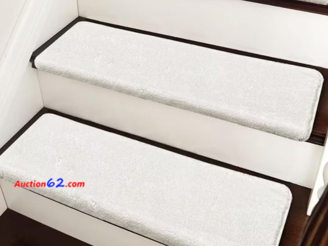 Lot 44-712b - Retail value $140- Plush White 9.5 in. x 30 in. x 1.2 in. Bullnose Carpet Stair Tread Cover Tape Free Non-slip Set of 14 1. Appears New, A b...