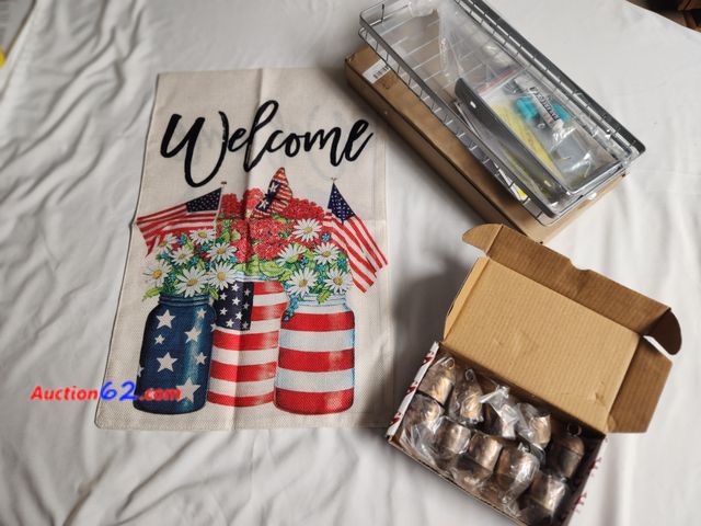 Lot 44-2341b - 1 new shelf. Approx 13 in with hardware. 1 new welcome Americana Flag same on both sides approx. 12.5 in w x 19 in H Box of new 10 piece rus...