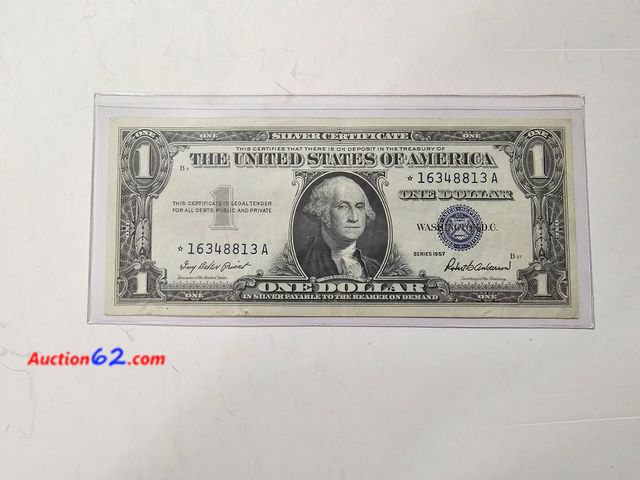 Lot 44-8344i - 1957 SERIES $1 SILVER CERTIFICATE STAR NOTE. UNCIRCULATED. A STAR NOTE IS A REPLACEMENT NOTE FOR WHERE AN ERROR OCCURRED IN THE PRINTING. FR...