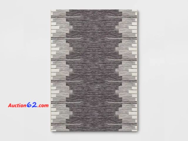 Lot 44-179p - Graphic Steps Outdoor Rug Black - Threshold™ 5’3” X 7’- New With Minor Damage On Bottom side- See Photos  E-Commerce Return, A basic inspect...
