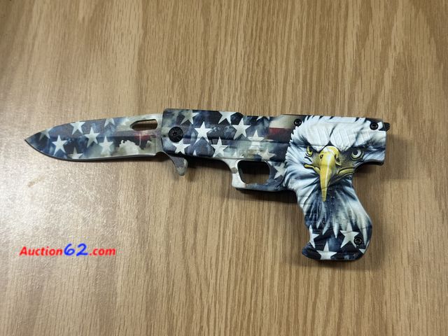 Lot 44-6150q - Patriotic gun shaped eagle and flag lock blade knife with belt clips. #71149 new pre tagged $20 from store closing  See All Photo's Tested &...
