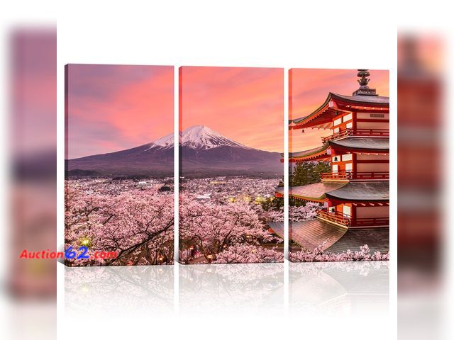 Lot 44-154e - 3 Panels Landscape Wall Decor Japan Chureito Pagoda And Mt. Fuji In The Spring With Cherry Blossoms Scenery Painting Framed Wall Art For Liv...