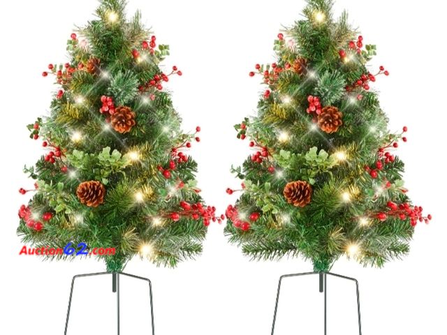 Lot 44-6924w - Set of 2 Pre-Lit Pathway Christmas Trees w/ Pine Cones, Timer - 24.5in Battery Operated Warm White and Multicolor Lights Appears New, A basi...