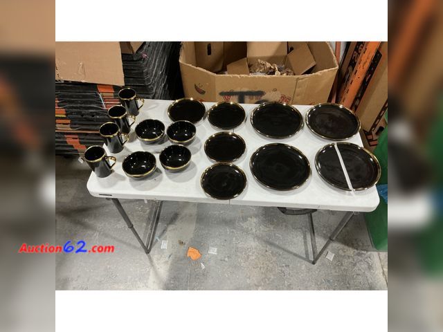 Lot 44-1117j - $85 Retail price - Black and Gold Dinnerware Set Plates Bowls Mugs- (1) Plate Broken E-Commerce Return, A basic inspection has been given to...