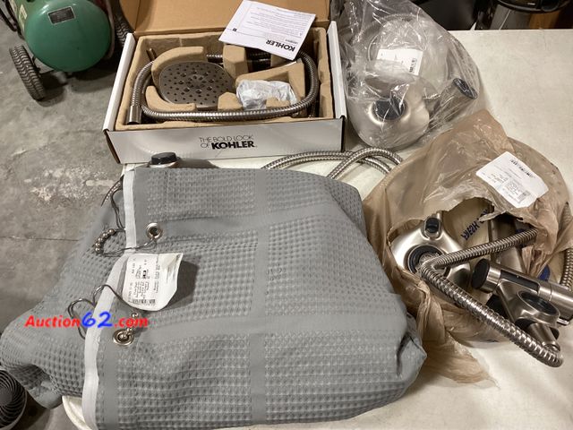 Lot 44-208b - Lot of Showerheads and Shower Curtain- Unknown Condition  2. E-Commerce Return, A basic inspection has been given to this item. Sold AS-IS.