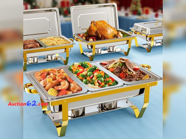 Lot 44-827i - $129.98 Retail price - Chafing Dishes for Buffet 4 Pack 7 Pans, 9.5QT [Sturdy &amp; Rolled Edge] Chafing Dish Buffet Set, [Mirror-Like Polis...