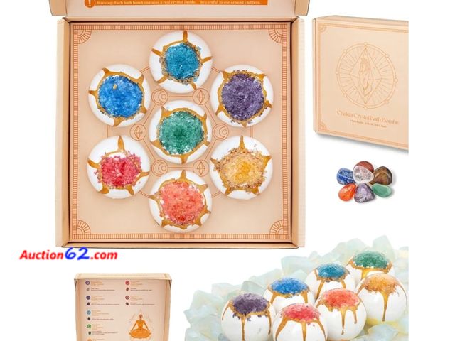 Lot 44-6810b - Chakra Bath Bomb Set, 7 Fizzing Bath Bombs with Bath Salt on Top and Crystals Inside 13. Never opened, Factory Sealed