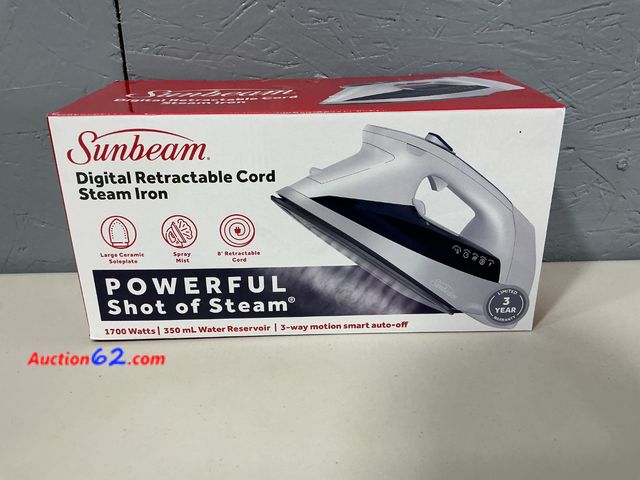 Lot 44-1529 - Sunbeam Digital Retractable Cord Steam Iron - Large Ceramic Soleplate, Spray Mist, Powerful Shot of Steam E-Commerce Return, A basic inspect...