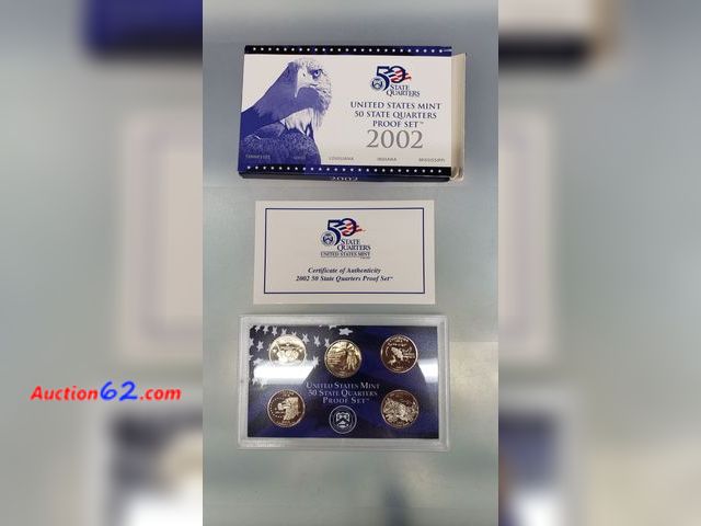 Lot 44-8529p - 2002 UNITED STATES STATE QUARTERS PROOF SET IN ORIGINAL BOX. INDIANA, TENNESSEE, OHIO, LOUISIANA AND MISSISSIPPI. MINTED IN SAN FRANCISCO. C...