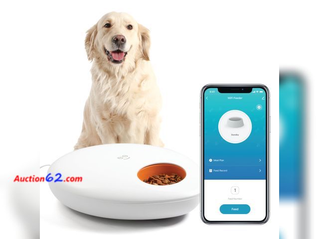 Lot 44-2643w - $79.99 Retail price - Geeni Smart Pet Feeder for Wet or Dry Food, 5-Meal Automatic Dog and Cat Feeder with Ice Packs, Programmable Timer, Ba...