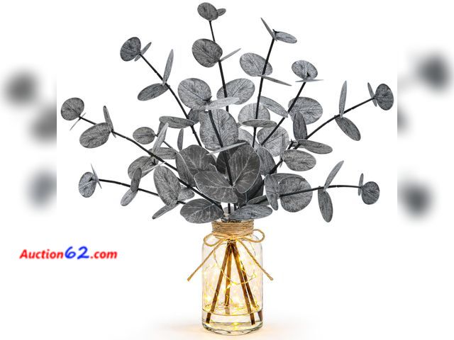 Lot 44-1612e - Der Rose 12.6" Artificial Eucalyptus Stems in Glass Vase with LED Lights Not Tested See All Photo's Appears New, A basic inspection has been...