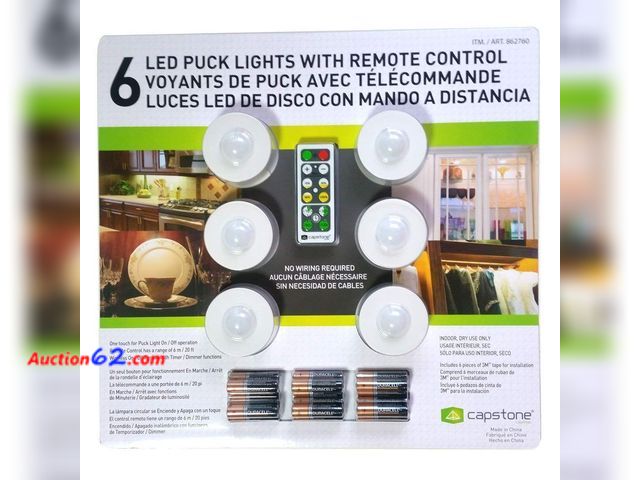 Lot 44-1653j - Capstone 6 LED Wireless Puck Lights with Remote Control, White batteries are not usable  Appears New, A basic inspection has been given to t...