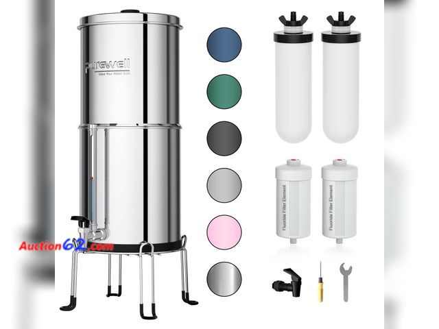 Lot 44-2551e - $219 Retail price - Purewell 8-Stage Gravity Fed Water Filter System, 2.25 Gallon Stainless Steel Countertop System with 4 Filters, Metal Wa...