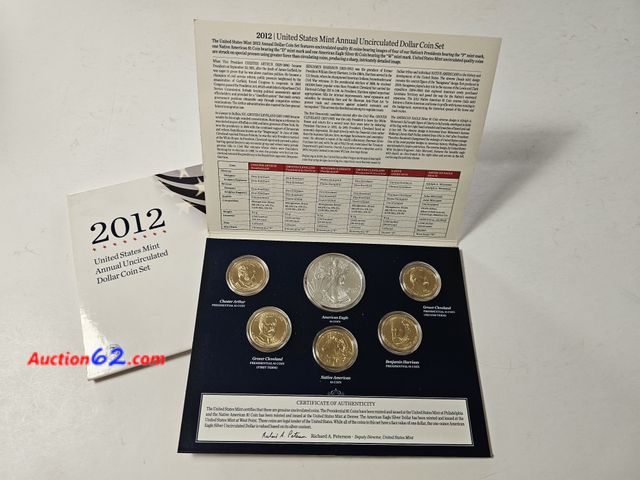 Lot 44-8335k - 2012 U.S. MINT ANNUAL UNCIRCULATED DOLLAR SET W/.999 FINE PURE ONE OUNCE SILVER EAGLE, (CHESTER ARTHUR, GROVER CLEVELAND 1ST AND 2ND TERM, A...