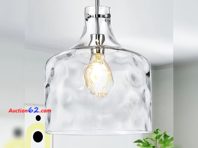 Lot 44-1700o - $125.99 Retail price - CATINER Extra Large 16" Vintage Farmhouse Pendant Light – Hand-Blown Clear Hammered Glass Shade, Adjustable Chain Han...