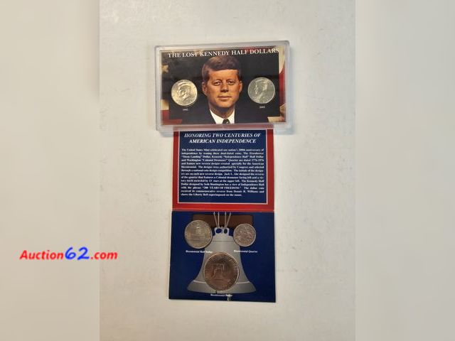 Lot 44-8308v - 2002 AND 2003 LOST KENNEDY HALF DOLLARS SET AND BICENTENNIAL 1776-1976 SET WITH MOON LANDING DOLLAR, INDEPENDENCE HALL HALF DOLLAR AND DRUMM...