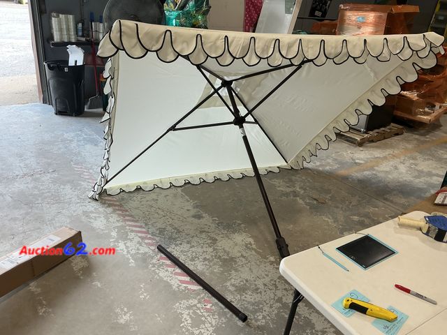 Lot 44-1211g - Retail value $95- Elegant Valance 7.5 ft. Aluminum Market Tilt Patio Umbrella in White/Black E-Commerce Return, A basic inspection has been ...