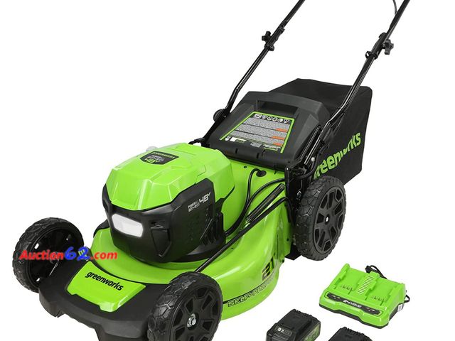 Lot 44-14b - $449.99 Retail price - Greenworks 48V (24V x 2) 21" Brushless Cordless (Self-Propelled) Lawn Mower (LED Headlight), (2) 5.0Ah Batteries and ...